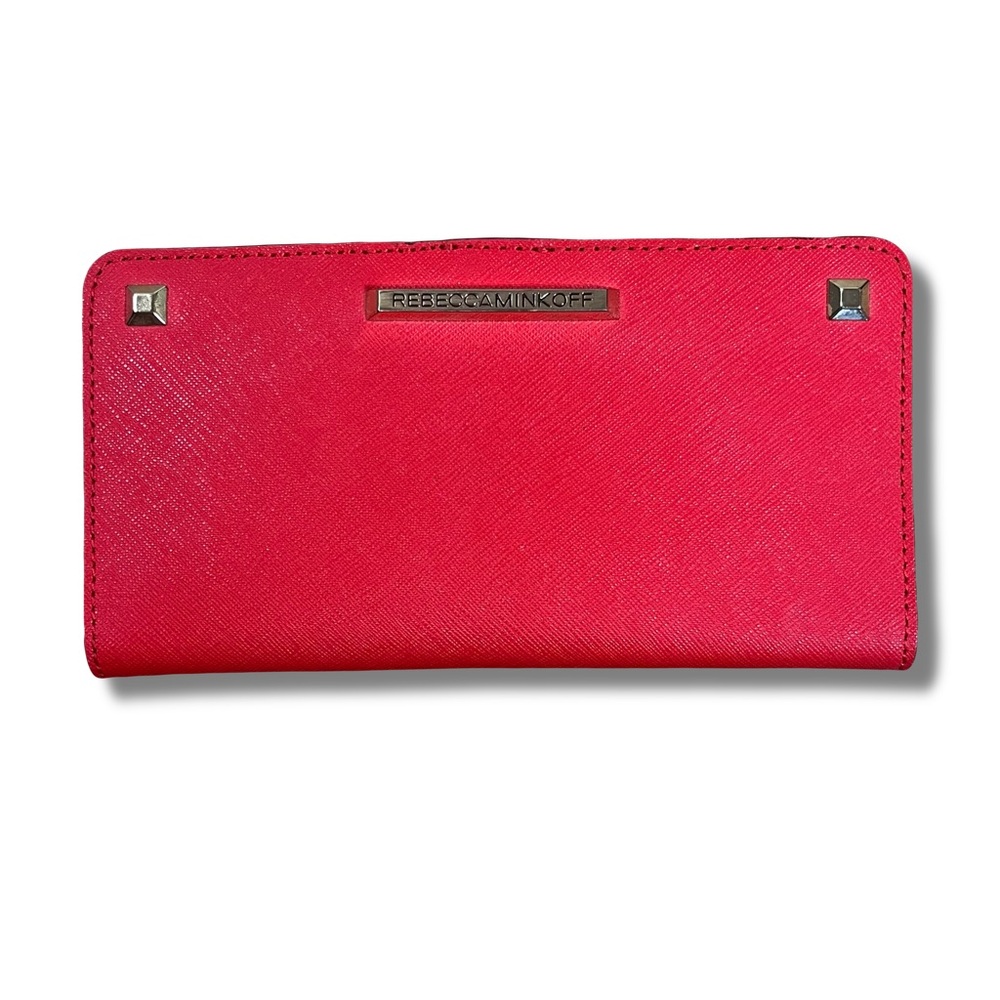 Rebecca Minkoff Sophie Snap Wallet Red Saffiano Leather Black Trim Gold Hardware
